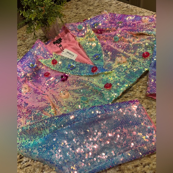 Nasty Gal Premium Floral Embellished Pink Iridescent Sequin Cropped Blazer 12 - Picture 7 of 16